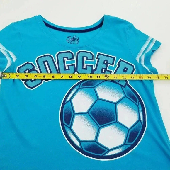 Justice Girls Size 18 Crew Neck Short Sleeve Aqua Blue Glitter Soccer Tee Shirt - Picture 2 of 7